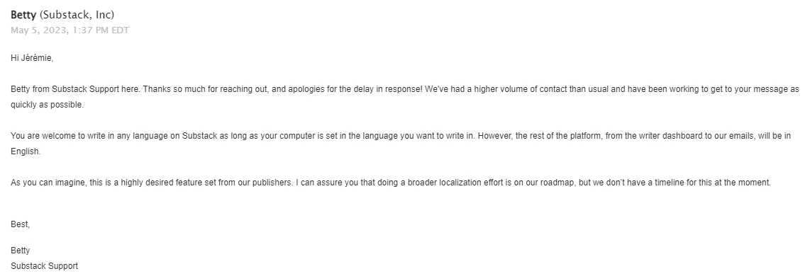 Reply of Substack support team about localization of content