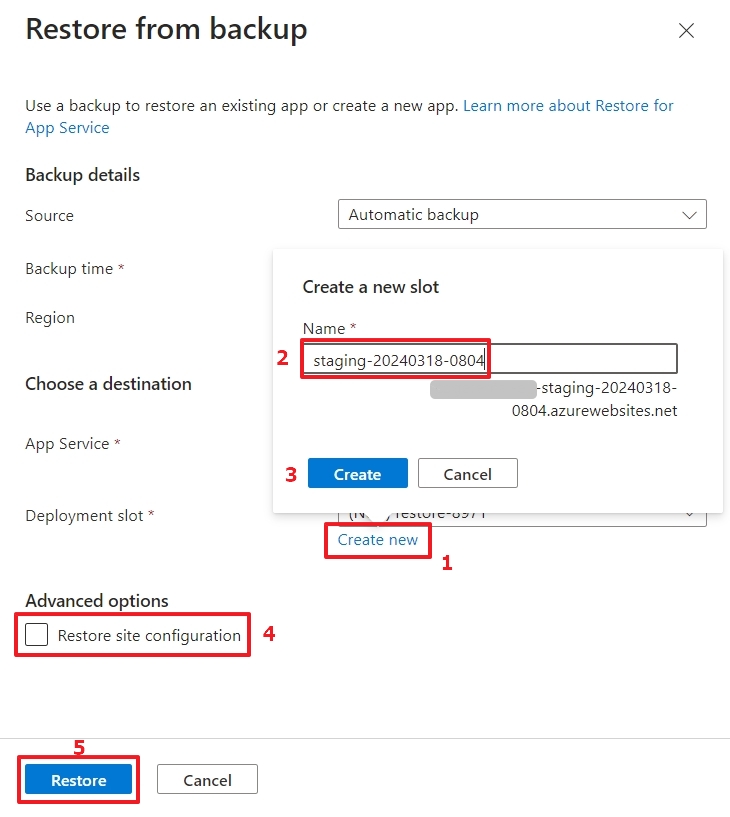 The 5 steps to restore the app service into a slot