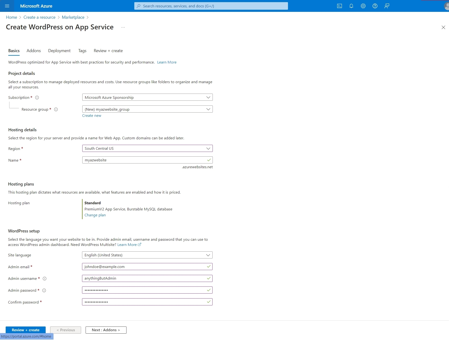 Step 2: define the project, e.g., where is hosted the server, what size it will be and the initial WordPress credentials account.