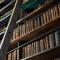 Wood ladder leaning on bookshelf