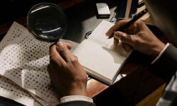 A man with a magnifying glass deciphering symbols