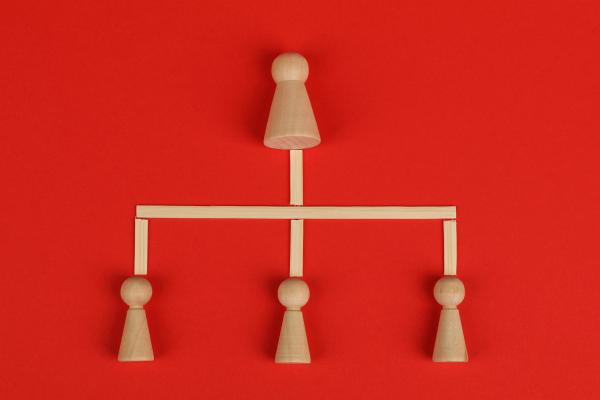 Wooden peg figures forming an organizational hierarchy chart