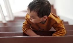 A child taking a small steps up a staircase
