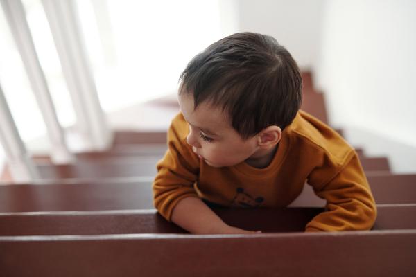 A child taking a small steps up a staircase