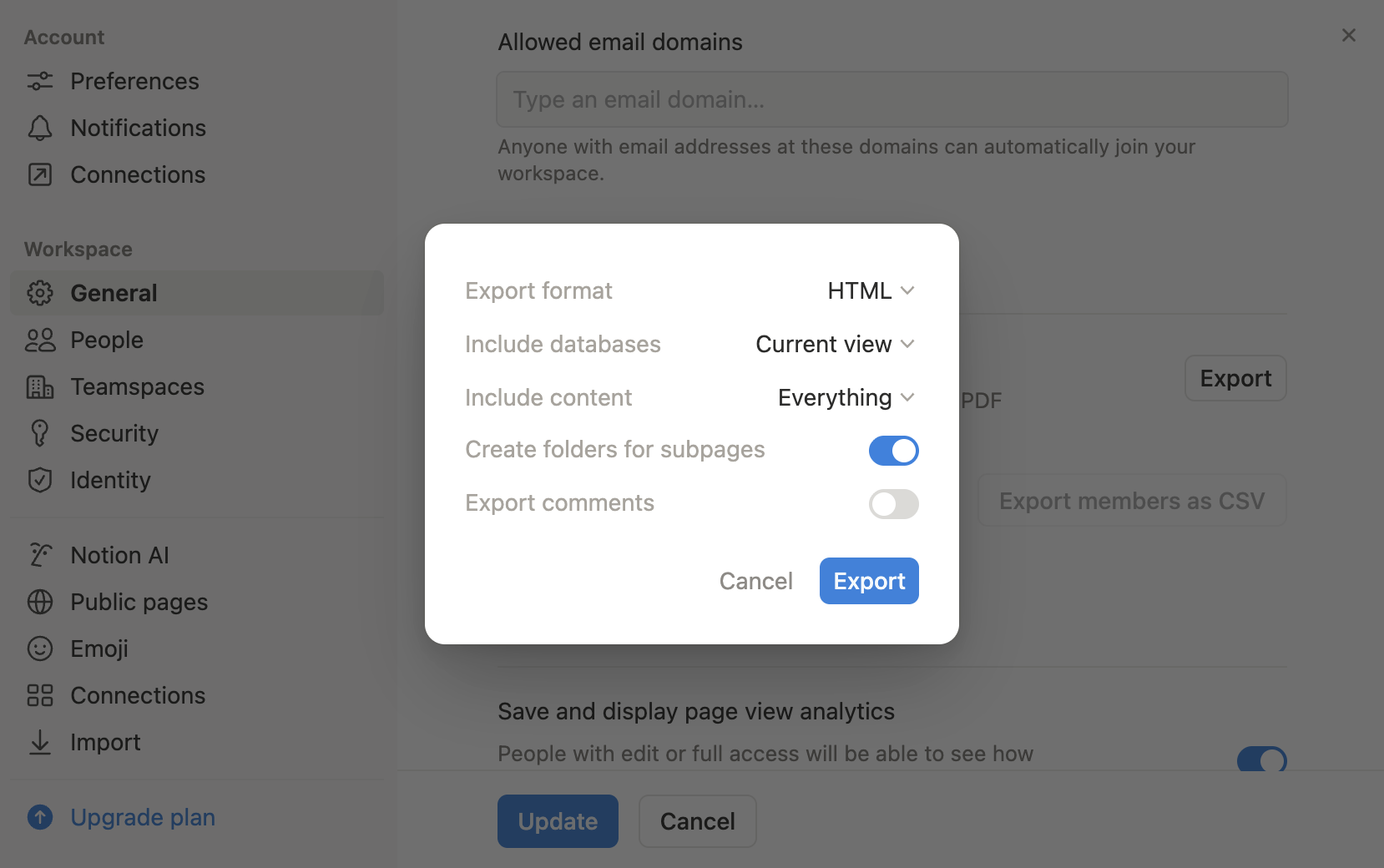 Export settings